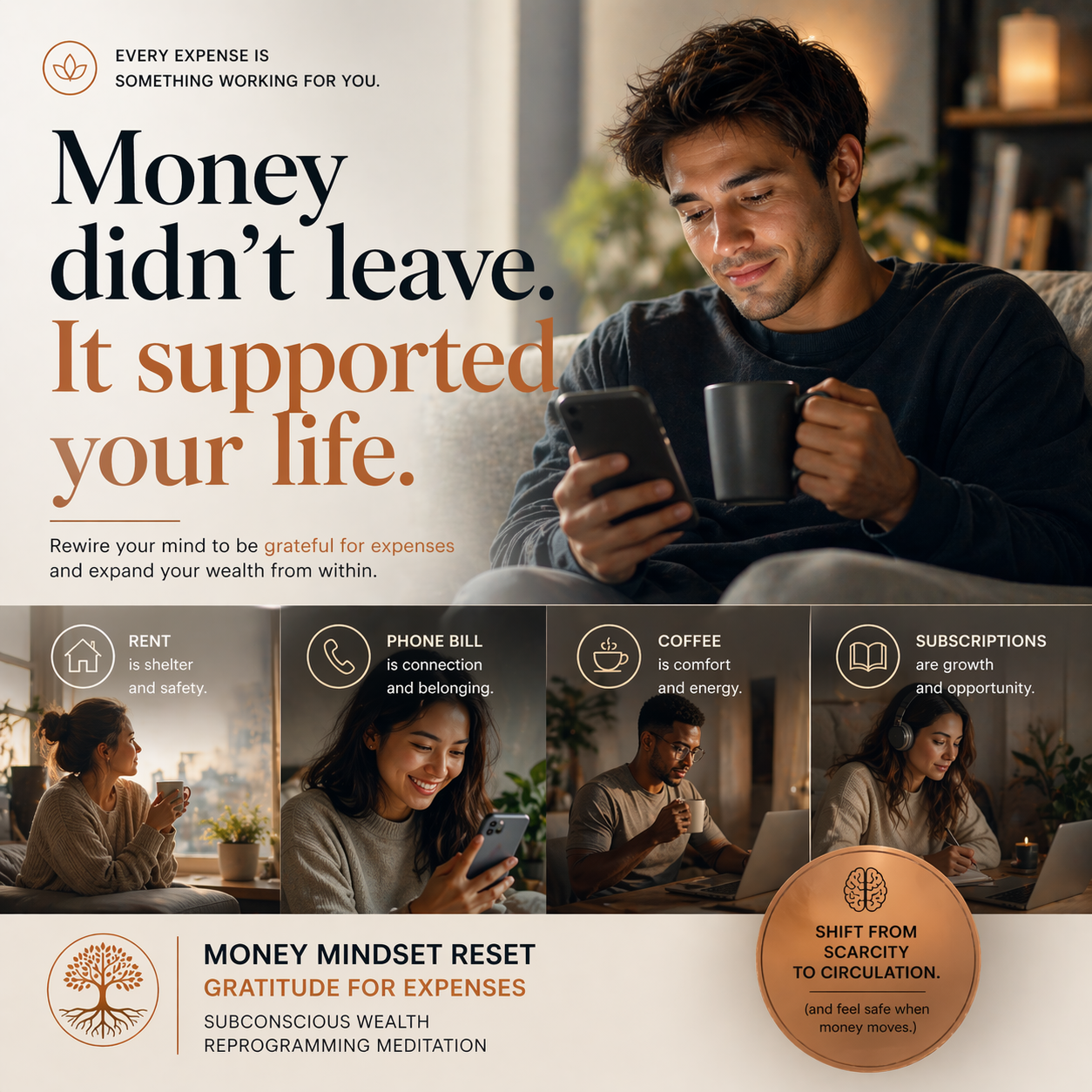 money mindset reset meditation showing calm reflection on expenses and shifting subconscious response to money circulation