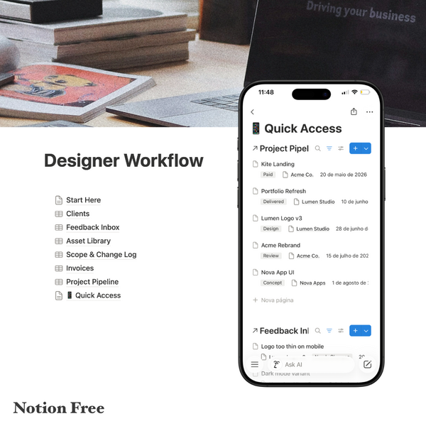 Designer Workflow — Notion template overview with mobile preview
