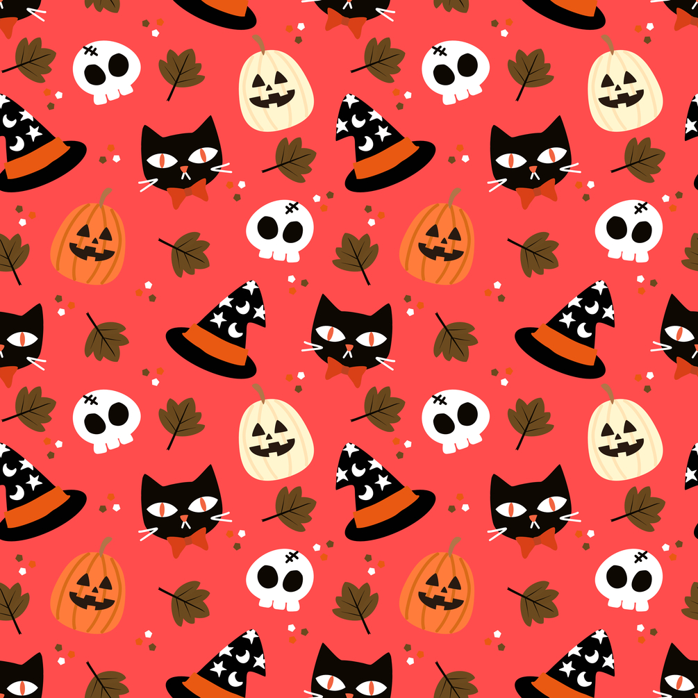 Black cat halloween pumpkins and skull