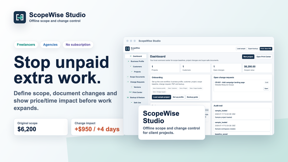 ScopeWise Studio screenshot showing a local scope and change request workspace