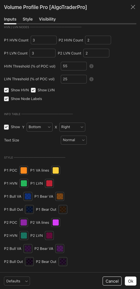 HVN/LVN, Info Table, and Style settings