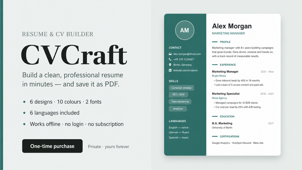 CVCraft screenshot showing an offline resume and CV builder