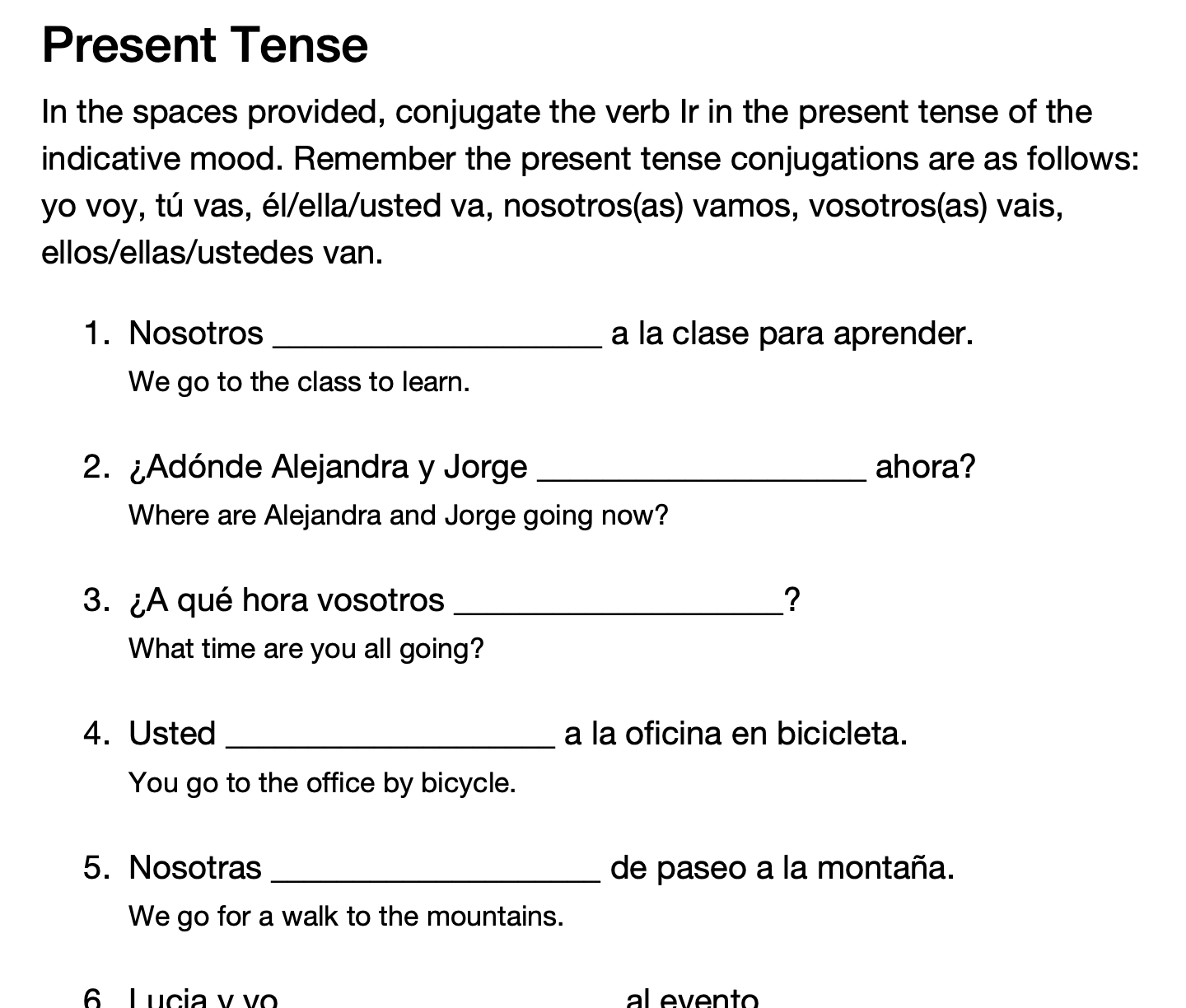 Worksheet Verb Ir Spanish