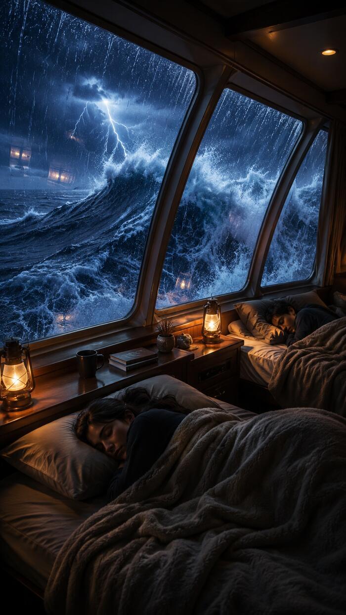 People sleeping on a yacht during a stormy night at sea