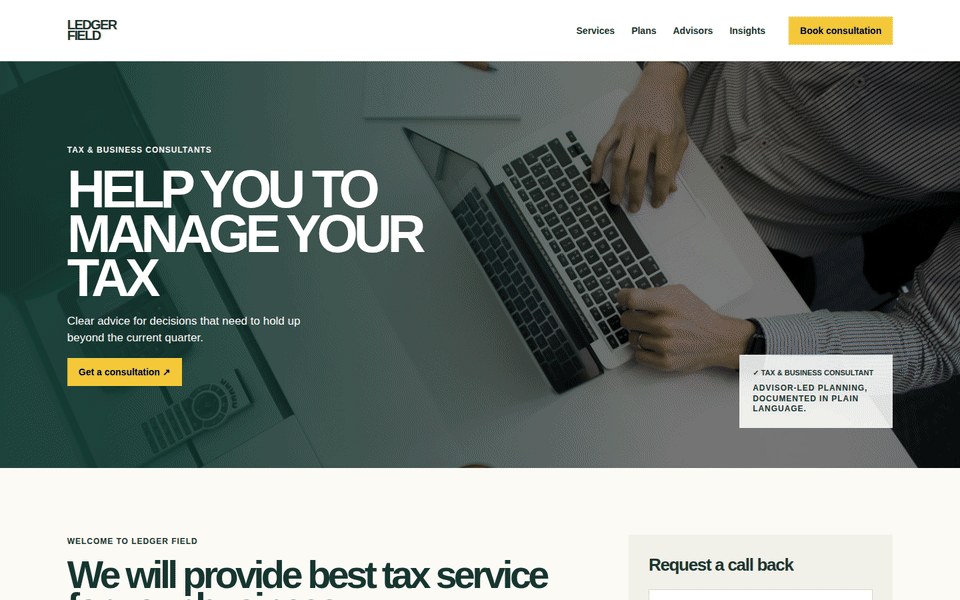 Wide desktop walkthrough for Ledger Field — Consultancy Website Template (HTML + WordPress + Elementor)