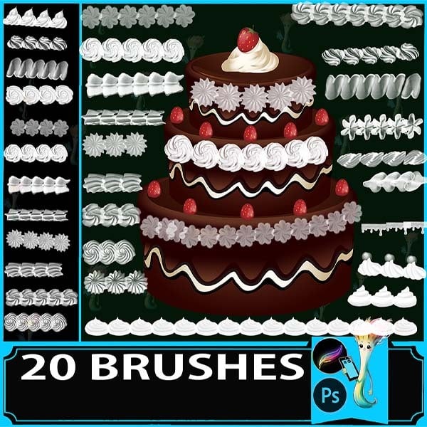 Procreate & Photoshop 20 Types Cake・Cream Decoration Brush Set | Dessert・Sweets・Hand|Drawn Decorative Material by best procreate brushes