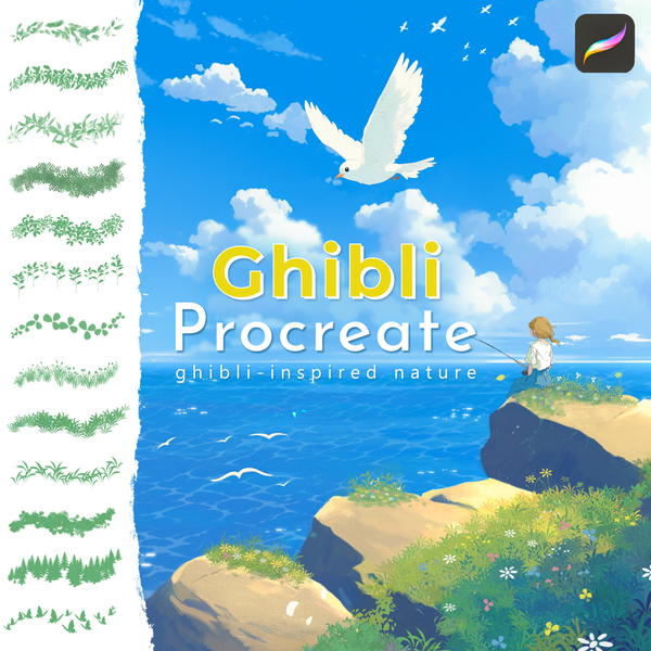 Soft Ghibli Style Brushes for Procreate | Grass, Foliage, Flowers, Water, Cloud Brushes - Procreate Brush Pack
