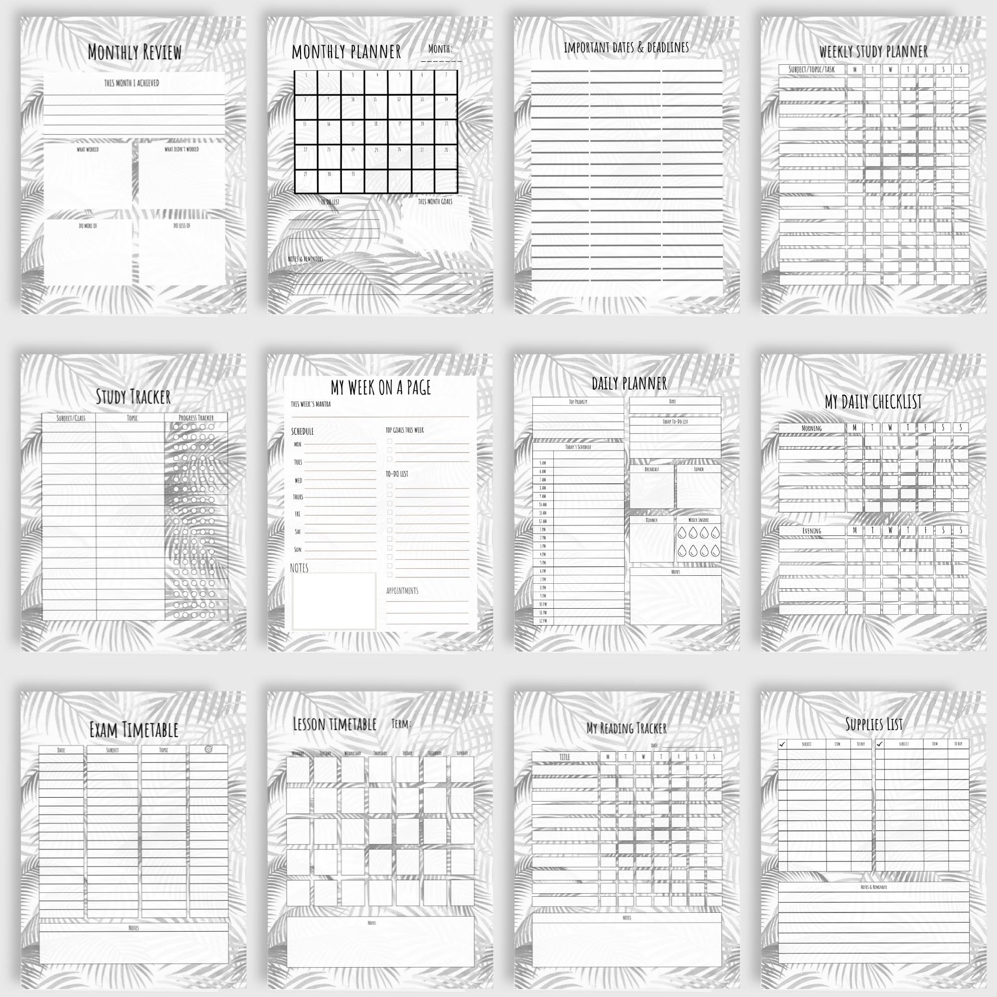 Monochrome palm leaves printable study planner for college and