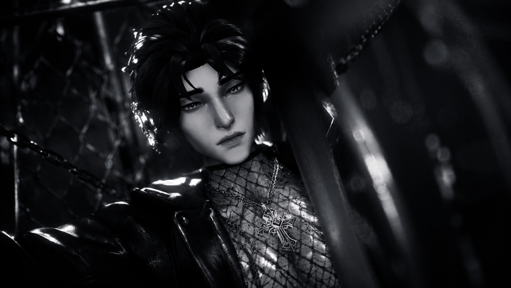 Shiryu black and white selfie with fishnet and Omen Cross