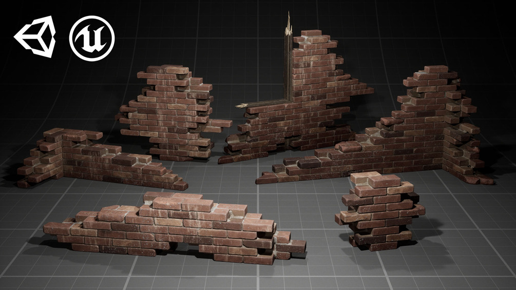 Broken Brick Walls batch01 Low-poly 3D model