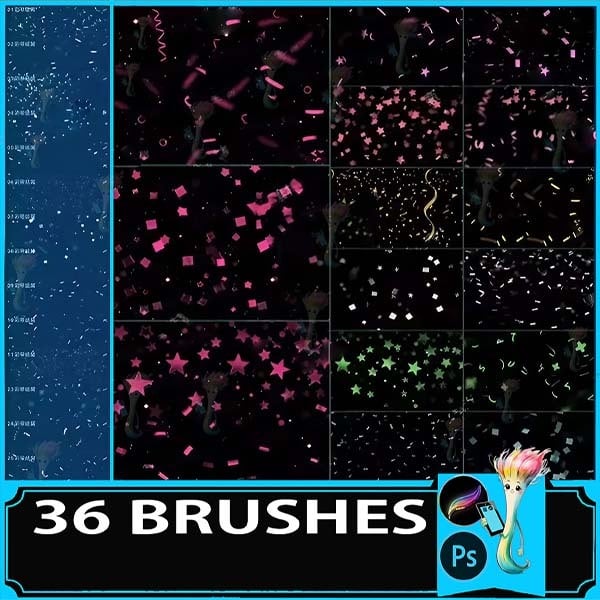 Procreate & Photoshop 36 Types Ribbon・Confetti Brush Set | Celebration・Party・Glitter Effect Material by best procreate brushes