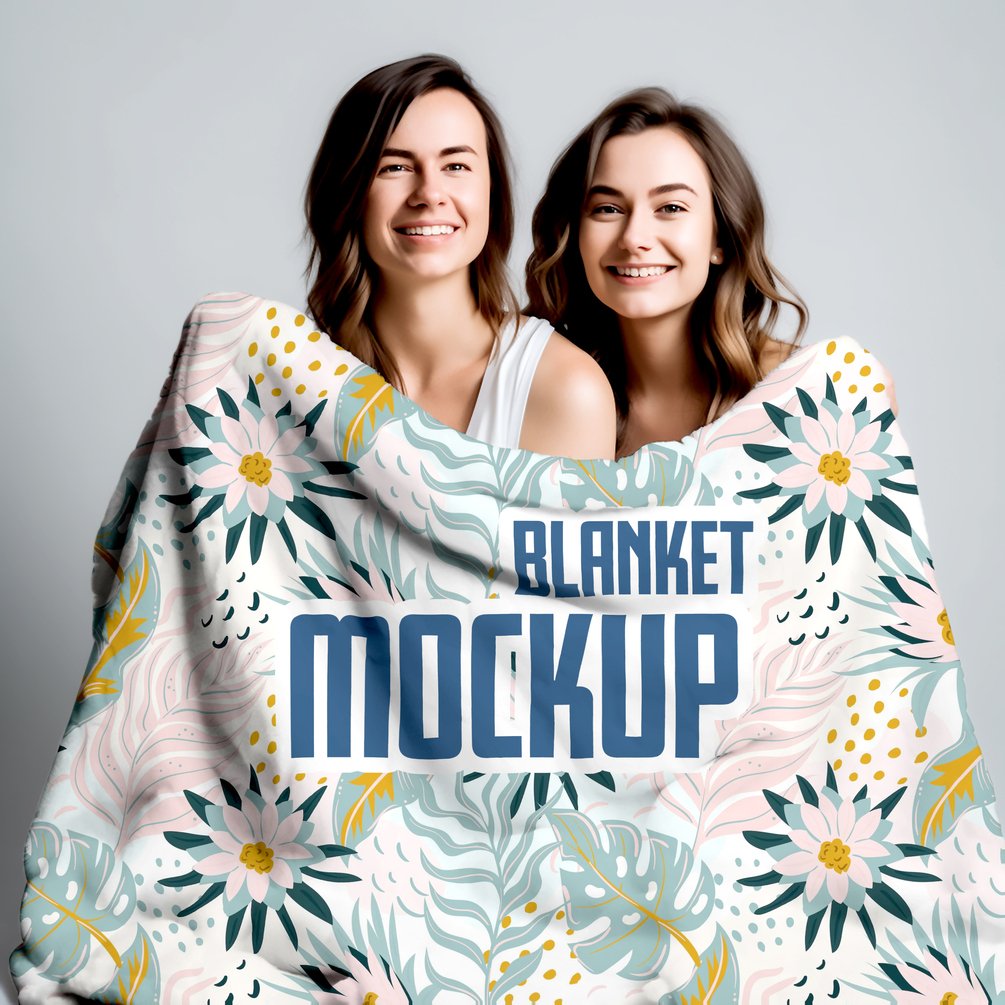 Blanket Mockup Happy Women Holding Blanket Mockup Smart Object PSD