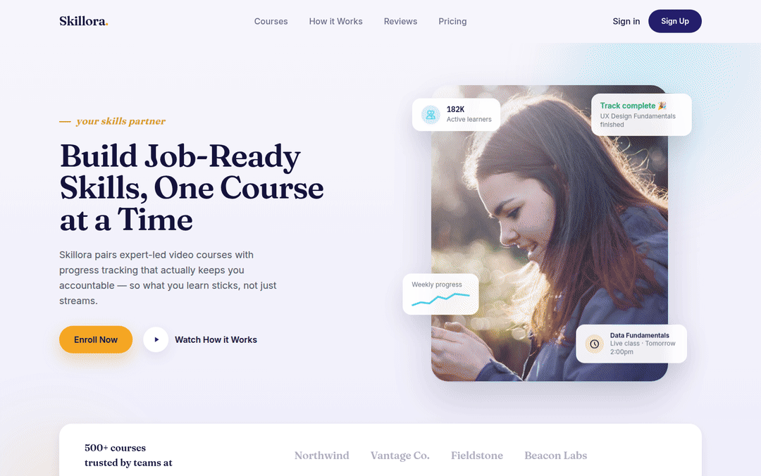 Wide desktop walkthrough GIF for Skillora — Learning Platform Website Template