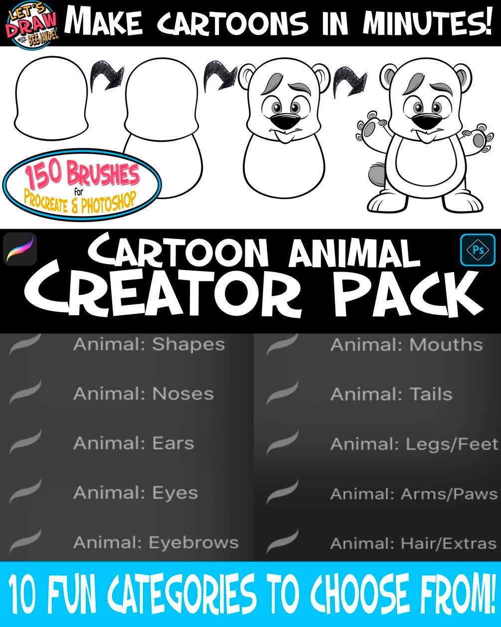 Cartoon Animal Creator Pack: 150 Brushes for Procreate & Photoshop by BeeJayDeL by BeeJayDeL