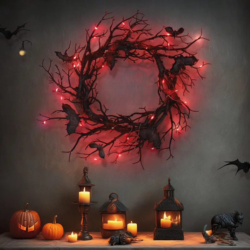 Halloween Wreath Bat Black Branch Wreaths With Red LED Light. 45CM