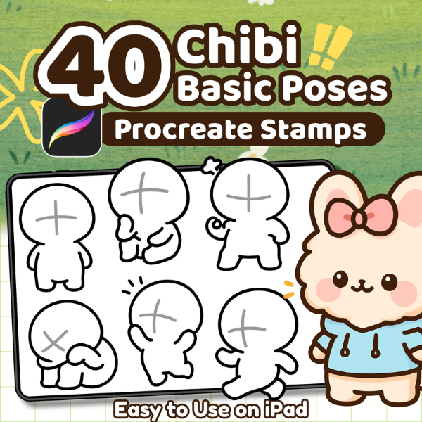 40 Chibi Pose Procreate Stamps – Cute Drawing Guide & Base for Comics, Emotes & Stickers, Kawaii Characters - Procreate Brush Pack