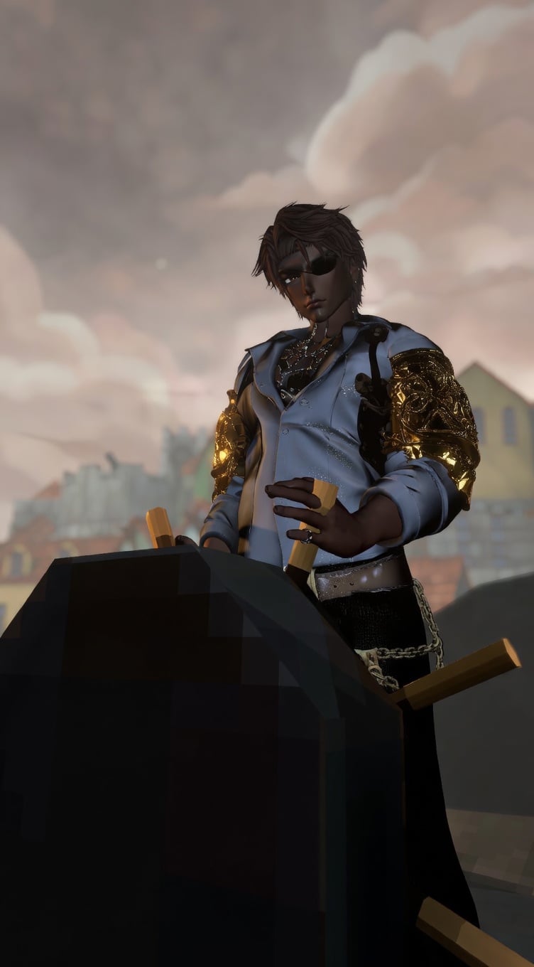 Morgan avatar at sea with golden light