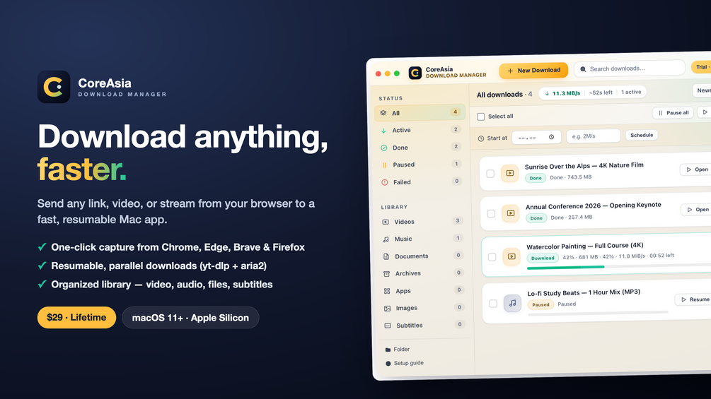 CoreAsia Download Manager app window on macOS showing an active, accelerated download queue