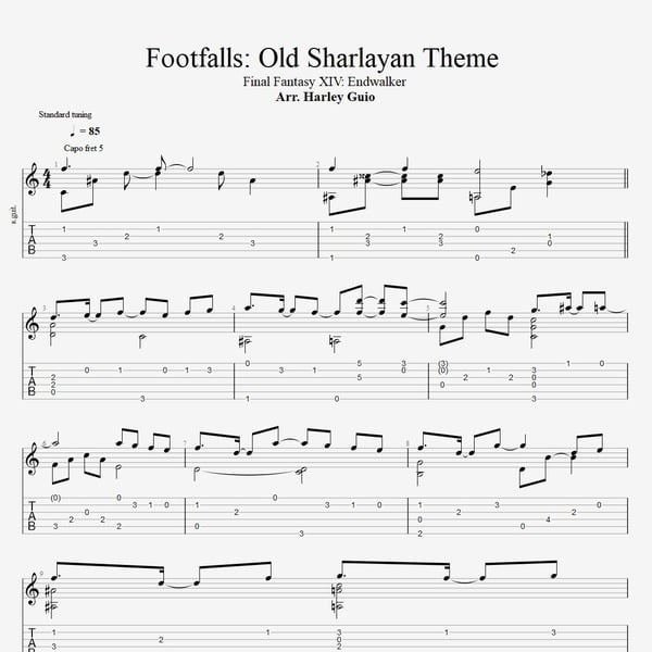 Footfalls: Old Sharlayan Theme (Final Fantasy XIV) fingerstyle guitar tab PDF by Harley Guio