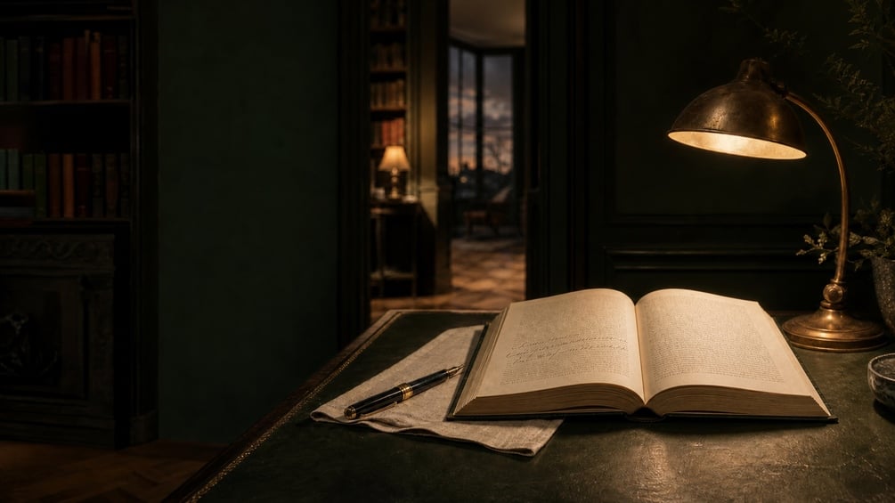 An open book beneath a reading lamp in a quiet library