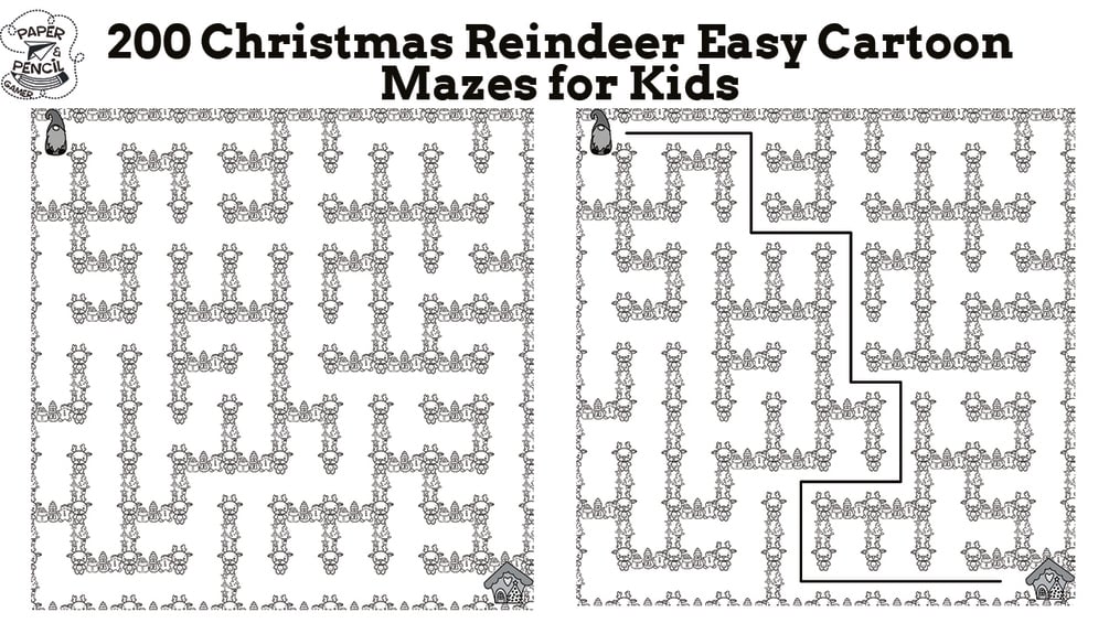 200 Christmas Reindeer Easy Cartoon Mazes for Kids