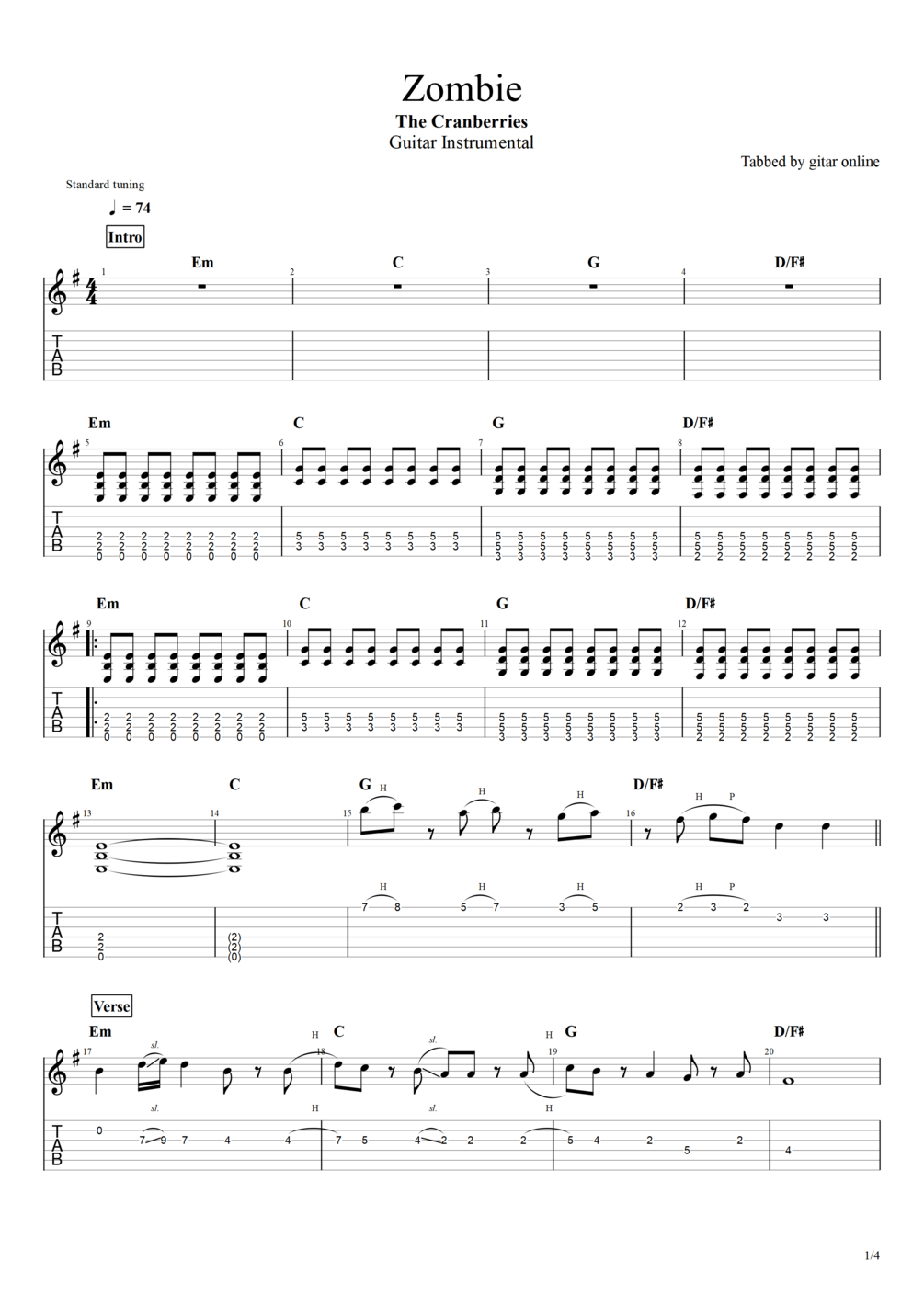 The Cranberries - Zombie / Guitar Tab+BackingTrack 