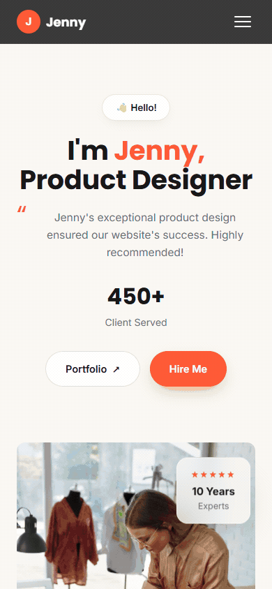 Mobile walkthrough for Jenny — Premium Personal Portfolio Website Template (HTML5 + Bootstrap 5 + WordPress + Elementor)