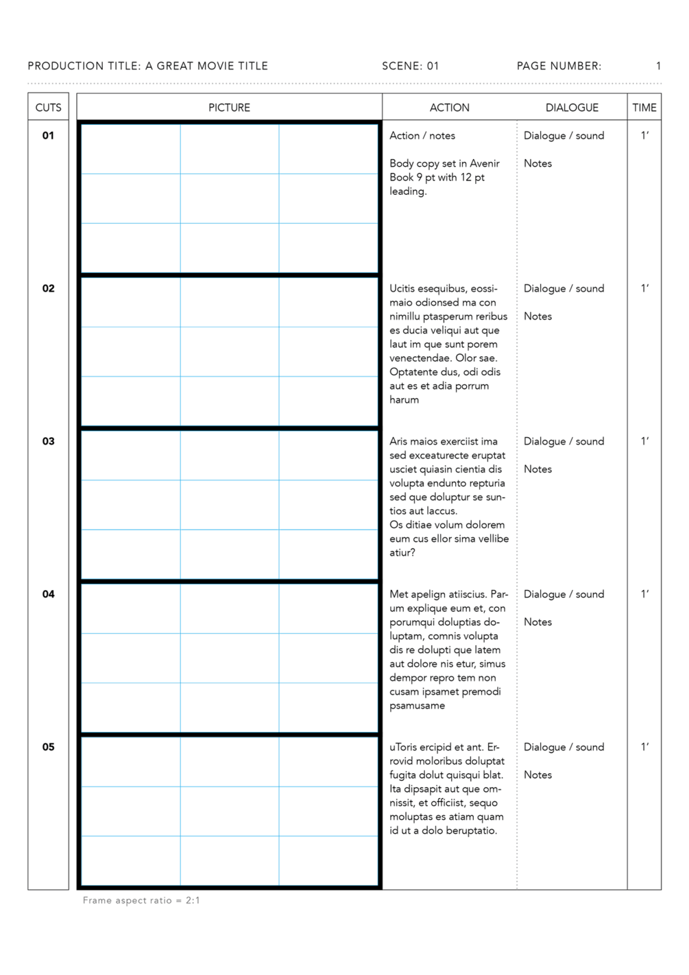 InDesign anime storyboard template 2:1 Avenir Book on A4 vertical