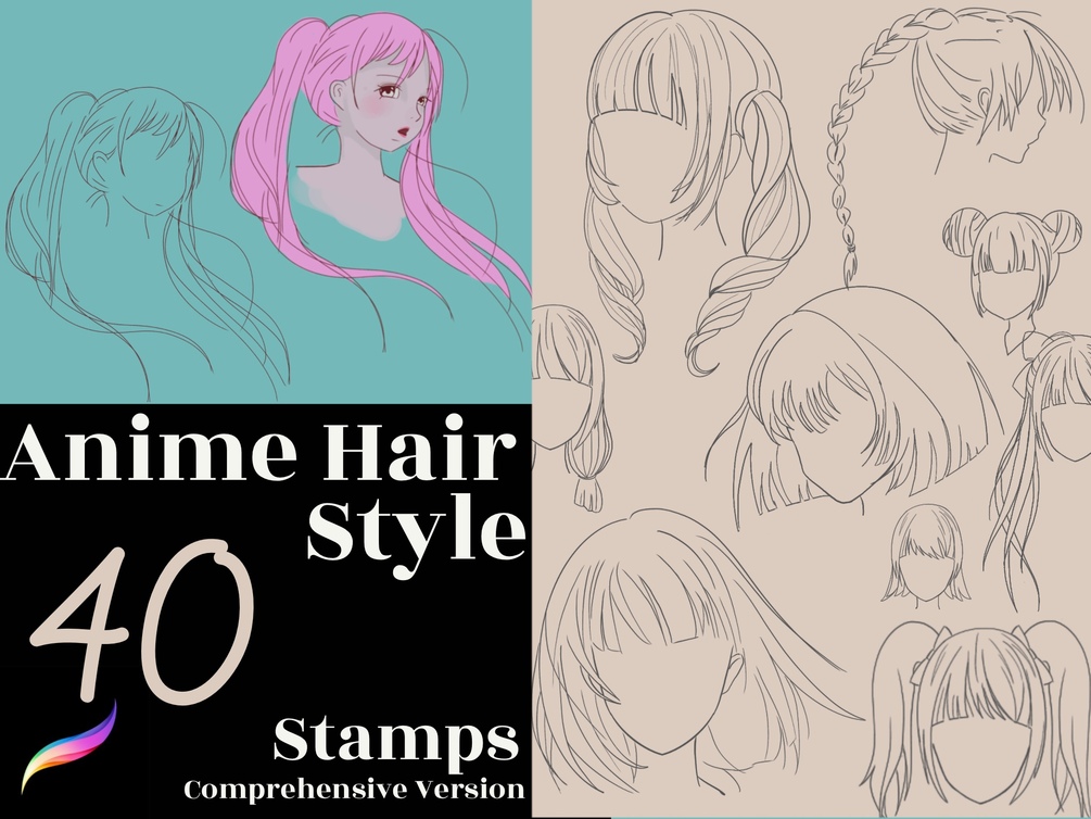 Soft Anime Style Procreate Hair Stamp Set Hair Lineart Brush Pack