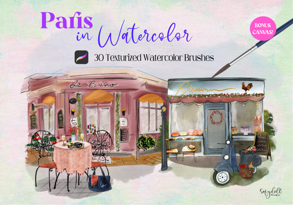 Paris In Watercolor | Texturized Watercolor Brushes for Procreate by Sofydoll Designs