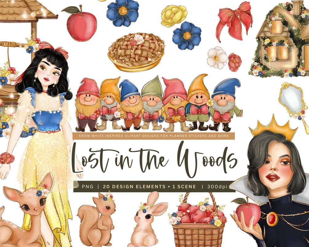 Enchanted Forest Snow White Clipart: Lost in Woods & Evil Queen PNGs ...