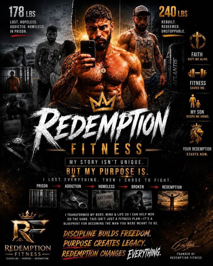 Redemption Fitness transformation poster — Joseph Elia IV at 178 lbs beside the rebuilt 240 lb physique, with the Redemption Fitness crown and the words discipline, purpose, legacy.