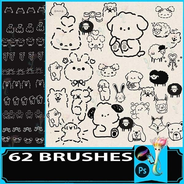 Procreate & Photoshop 62 Types Loose & Fluffy Animal Brush Set | Puppy・Kitten・Rabbit・Planner Deco by best procreate brushes