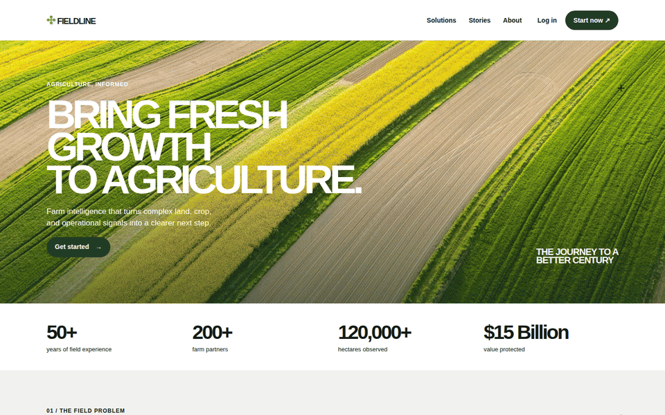 Wide desktop walkthrough for Fieldline — Agritech Website Template (HTML + WordPress + Elementor)