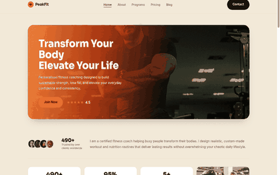 Desktop walkthrough preview of the PeakFit — Transform Your Body, Elevate Your Life | Mehedi Hasan website template