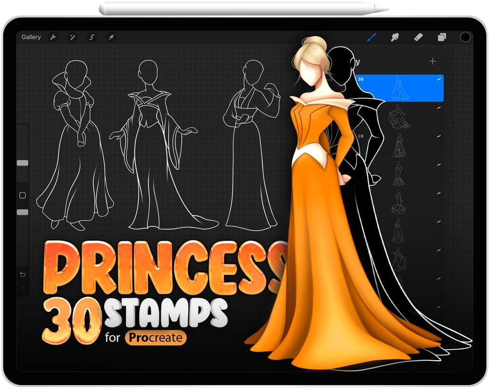 30 Princesses Stamps Collection for Procreate by ProCreativeBreeze