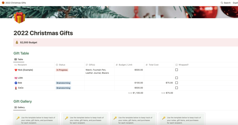 Christmas Gift Tracker  Notion Template