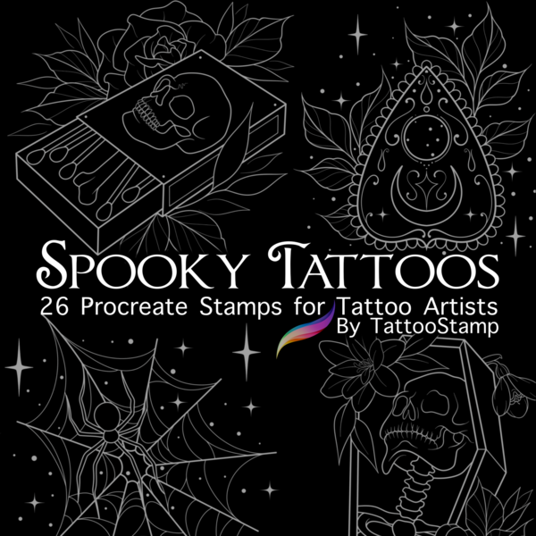 Spooky Tattoo Procreate Stamps | 26 Witchy Tattoo Designs | Tattoo Flash by TattooStamp