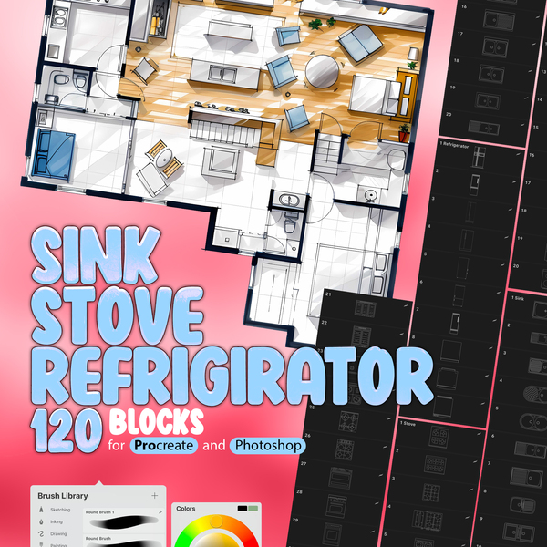 100 Sink, Refrigirator, Stove Blocks Stamp Brushes Collection for Procreate and Photoshop by ProCreativeBreeze