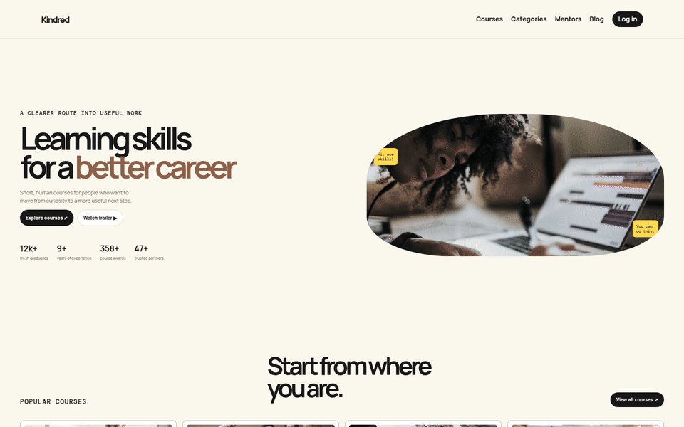 Wide desktop walkthrough GIF for Kindred Learning — Education Platform Website Template
