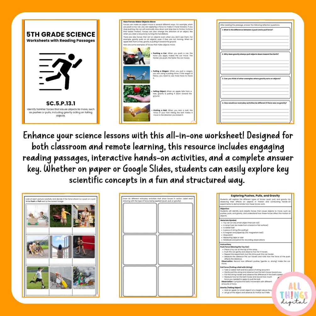 Forces & Motion SC.5.P.13.1 5th Grade Physical Science Activity ...