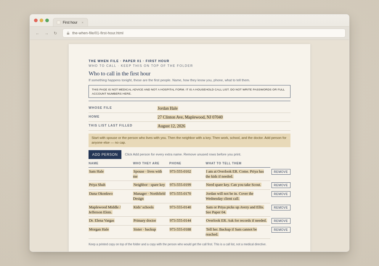 First-hour paper open in a browser — who to call, Jordan Hale, Maplewood NJ