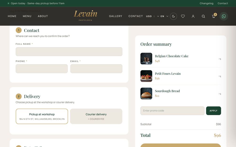 The Levain checkout in a light theme: step 1 Contact, step 2 Delivery offering pickup at the workshop or courier delivery, and an order summary listing three items with a promo code field and a 96 dollar total.