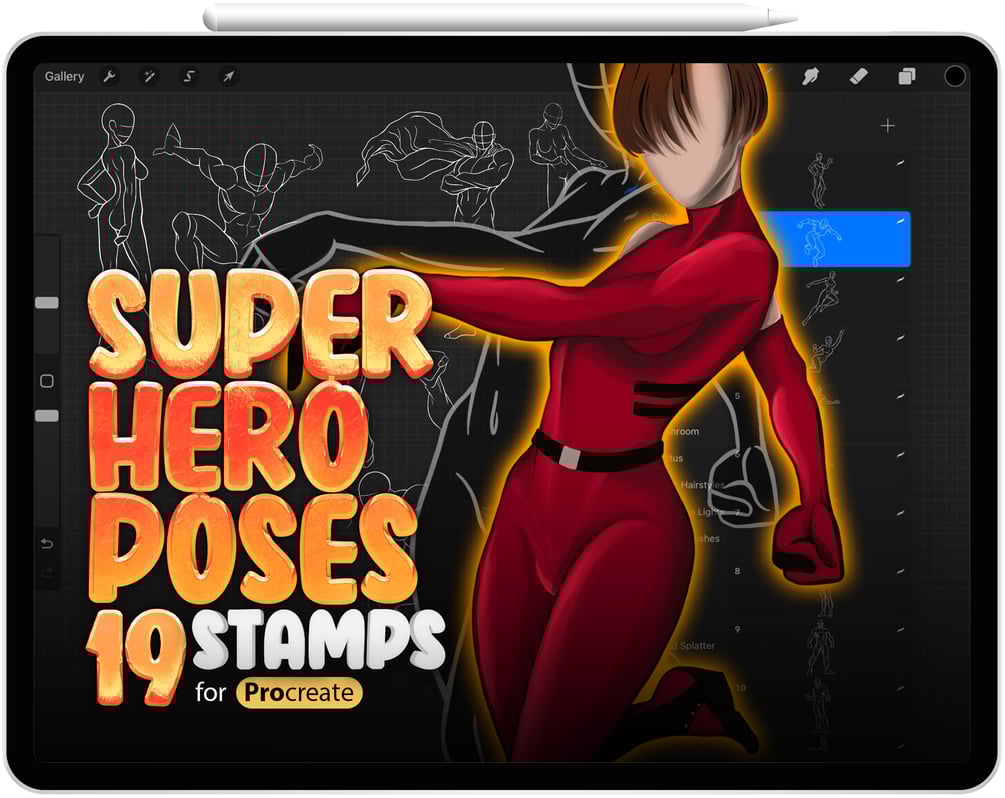 19 Procreate Superhero Poses Stamp Brushes Collection by ProCreativeBreeze