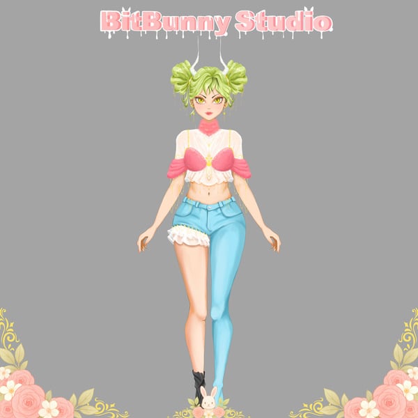 cute vtuber model, bubble gum girl with fluffy texture, fully layered, psd file ready for advanced rigging