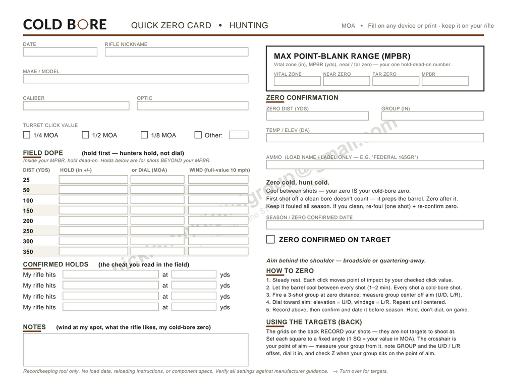 Back page of the card: six zeroing target grids with group, up/down and left/right correction fields.