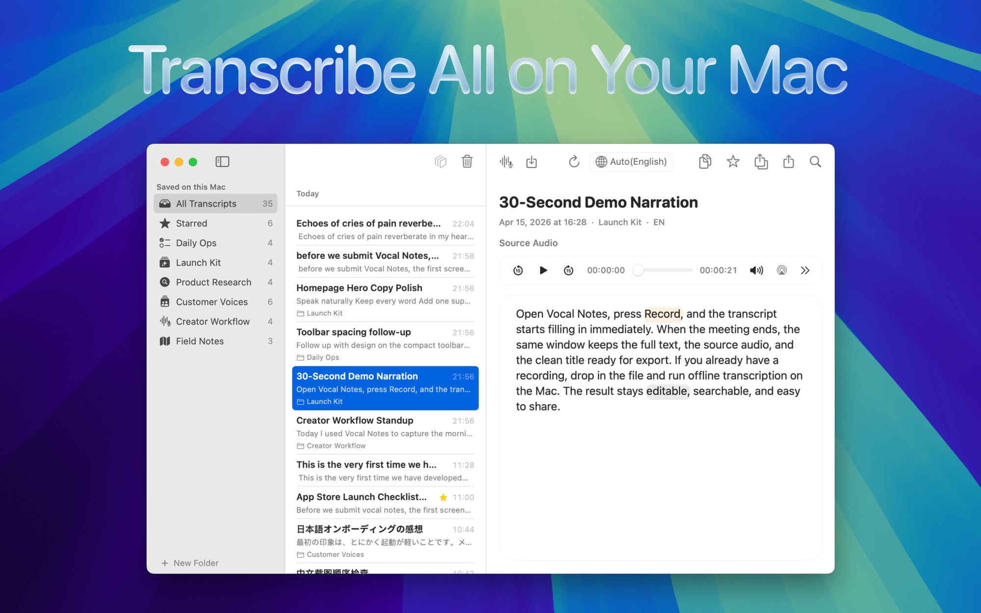 Vocal Notes transcript library and editor on macOS