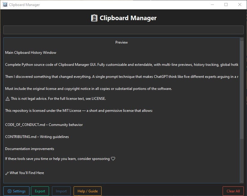 Main Clipboard History Window