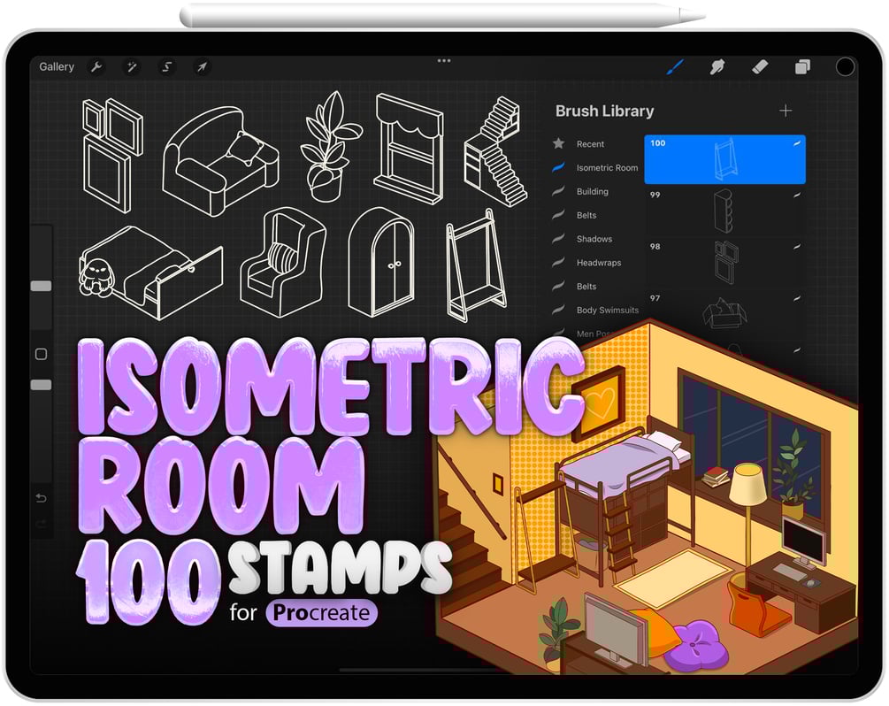 100 Isometric Room Stamps Brushes Collection for Procreate by ProCreativeBreeze