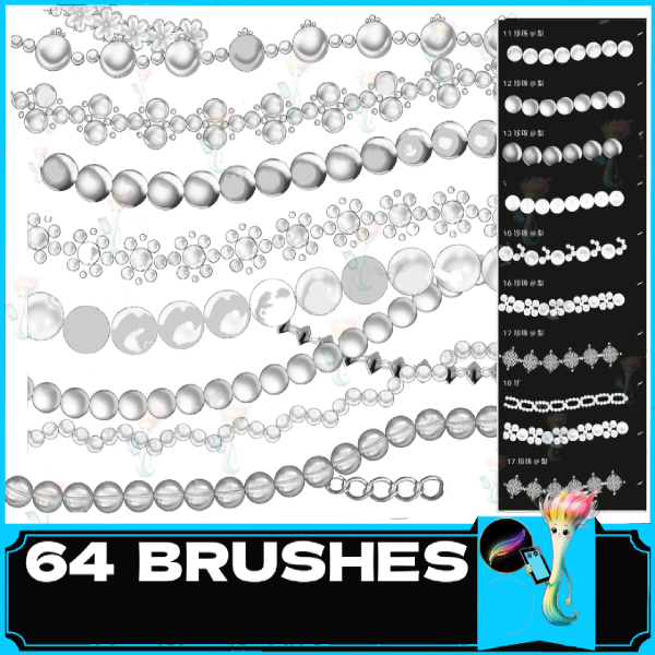 Procreate brush, non|transparent three|dimensional, pearl metal chain beads beaded jewelry portrait decorative necklace, vine spike trail by best procreate brushes
